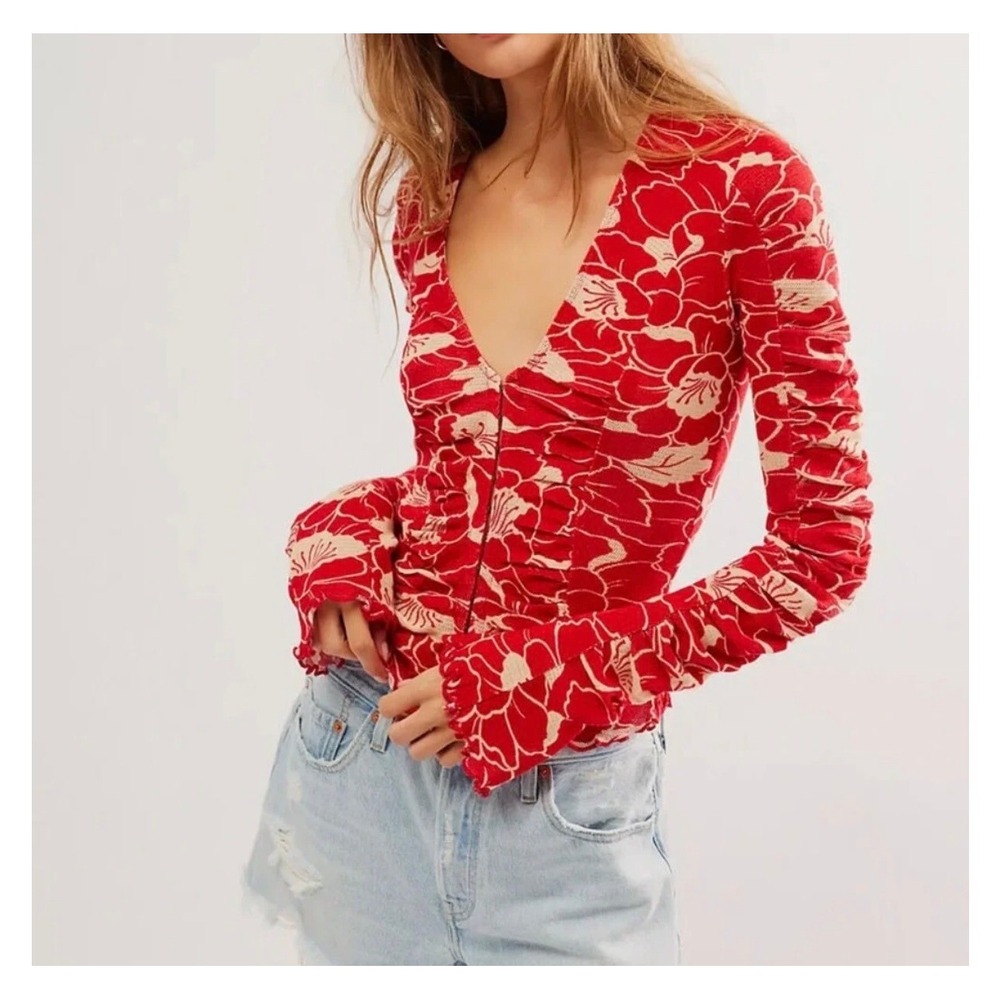 Free People Through The Meadow Top S/M Mesh Floral Print Long Sleeve Corset